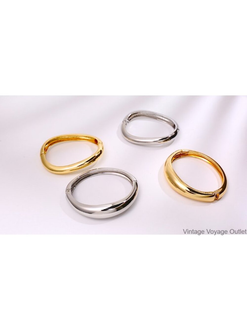 Gold Plated Cuff Bangle Bracelet Hinged Open Wide Chunky Minimalist Jewelry - Picture 6 of 6
